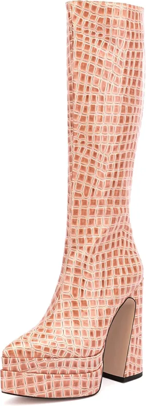 LEMUTISME Women's Trendy Pointed Toe Double Platform Crocodile Print Back Zip Chunky High Block Heel Knee High Boots For Party Evening
