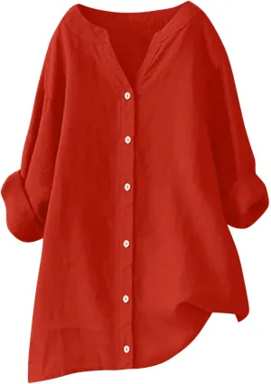 Linen Button Down Shirt Women Casual Long Sleeve V Neck T Shirts Loose Linen Clothes Plus Size Boho Tops