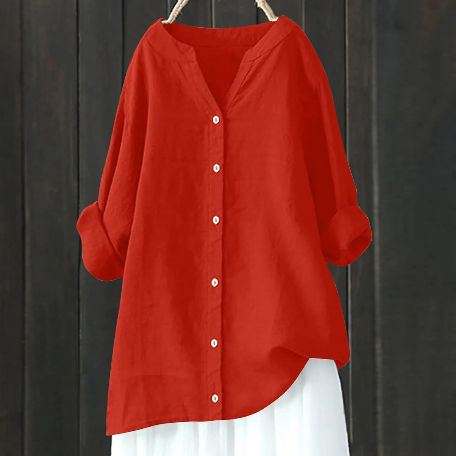 Linen Button Down Shirt Women Casual Long Sleeve V Neck T Shirts Loose Linen Clothes Plus Size Boho Tops