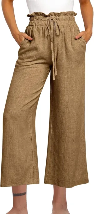 Linen Cotton Pants for Women Drawstring Elastic High Waisted Palazzo Pant Casual Trousers with Pockets