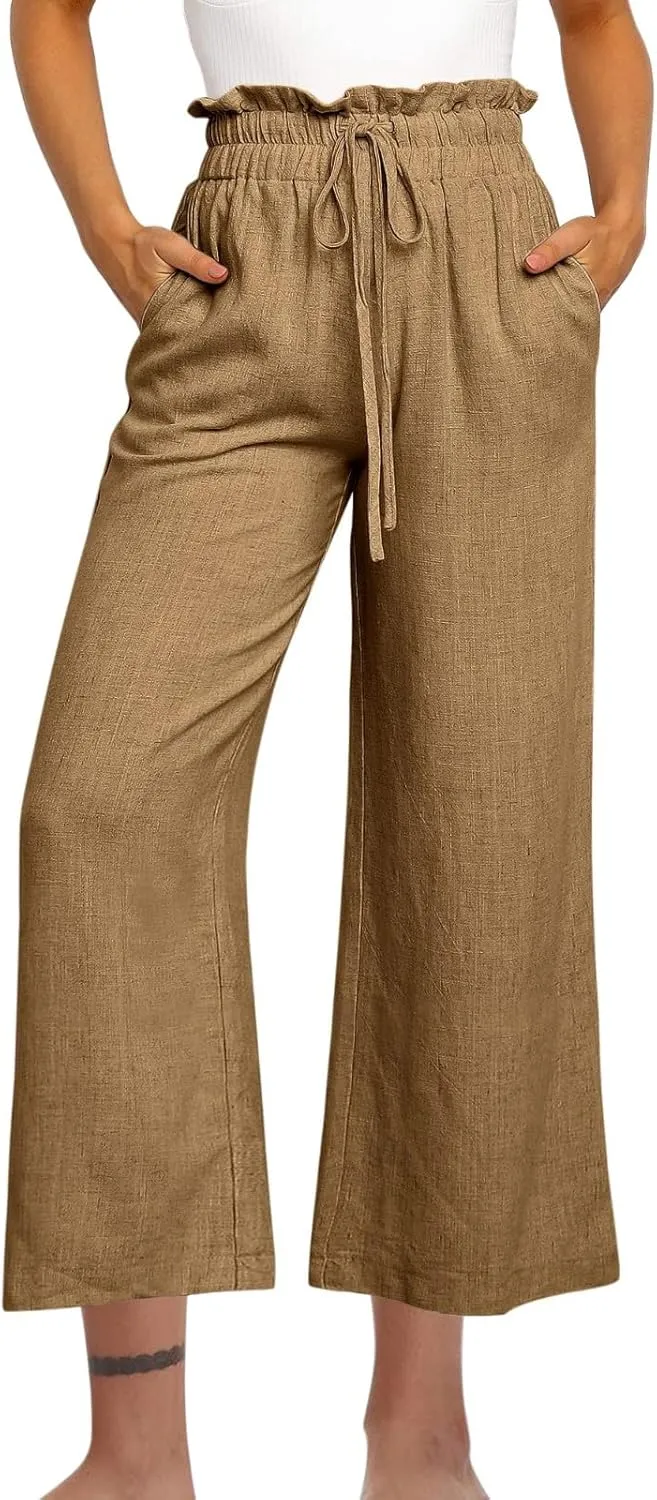 Linen Cotton Pants for Women Drawstring Elastic High Waisted Palazzo Pant Casual Trousers with Pockets