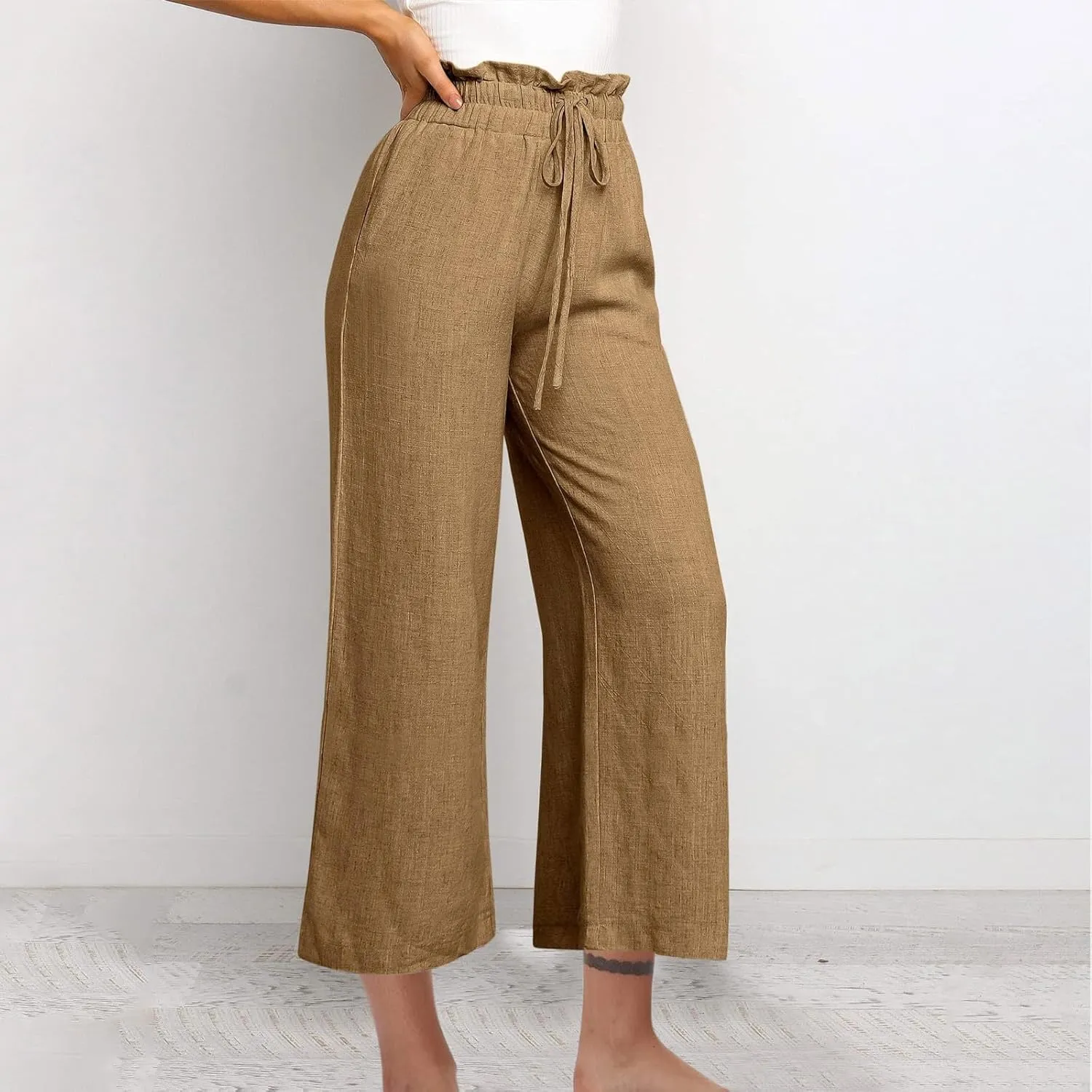 Linen Cotton Pants for Women Drawstring Elastic High Waisted Palazzo Pant Casual Trousers with Pockets