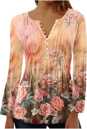 Long Sleeve Tunic Tops for Women Trendy 2023 Vintage Floral Print Button Down Shirts Casual Loose Comfy Fall Blouse