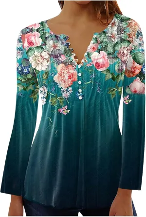 Long Sleeve Tunic Tops for Women Trendy 2023 Vintage Floral Print Button Down Shirts Casual Loose Comfy Fall Blouse