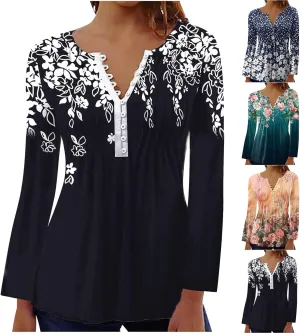 Long Sleeve Tunic Tops for Women Trendy 2023 Vintage Floral Print Button Down Shirts Casual Loose Comfy Fall Blouse
