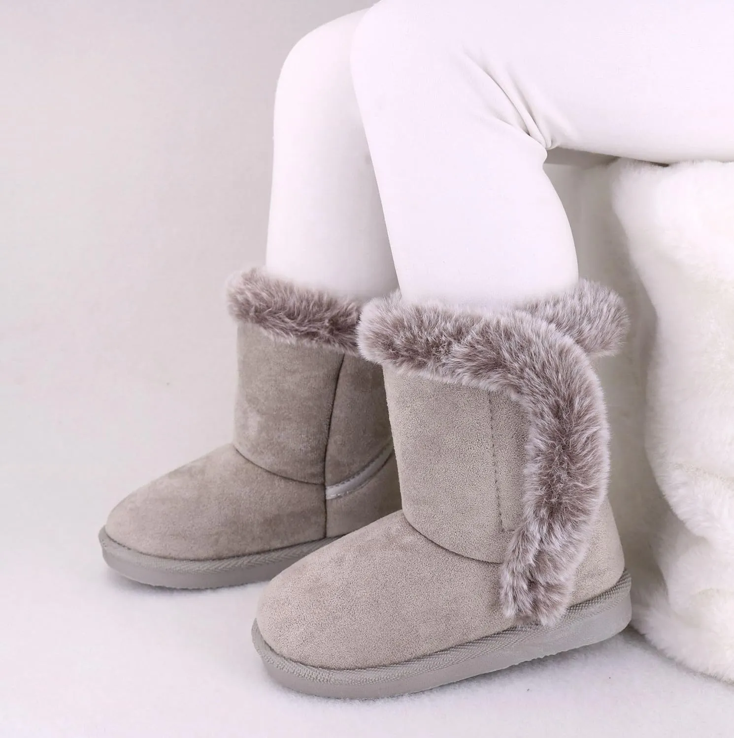 LONSOEN Kids Girls Boys Winter Warm Boots Suede Lightweight Faux Fur Lined Mid Calf Snow Boots for Toddler/Little Kid