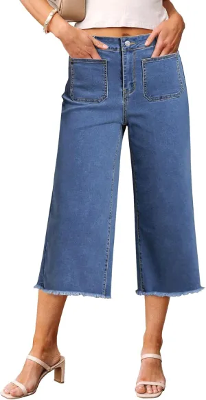 luvamia Capris Jeans for Women Wide Leg High Waisted Trendy Raw Hem Patch Pocket Cropped Stretchy Denim Capri Pants