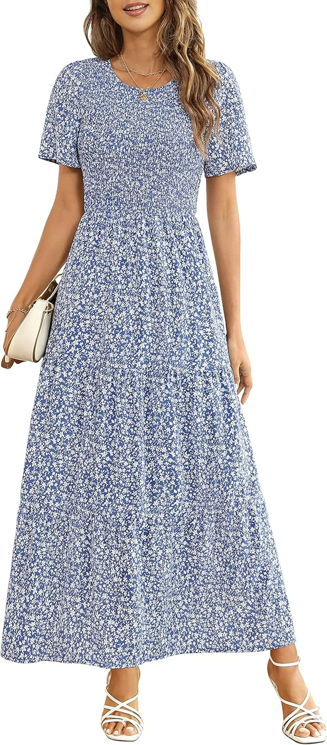 Maggeer Womens 2025 Spring Summer Smocked Wedding Guest Maxi Dress Casual Short Sleeve Floral Boho Flowy Long Dress