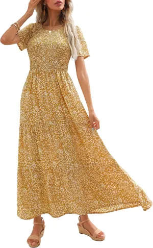 Maggeer Womens 2025 Spring Summer Smocked Wedding Guest Maxi Dress Casual Short Sleeve Floral Boho Flowy Long Dress