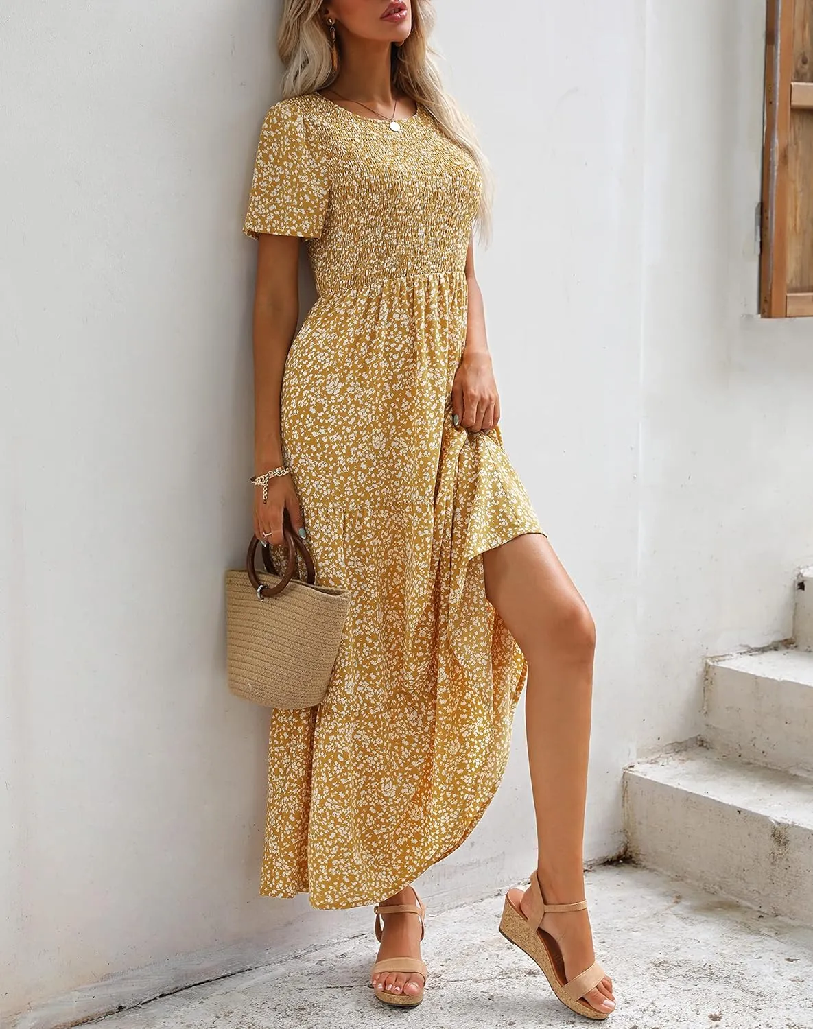 Maggeer Womens 2025 Spring Summer Smocked Wedding Guest Maxi Dress Casual Short Sleeve Floral Boho Flowy Long Dress