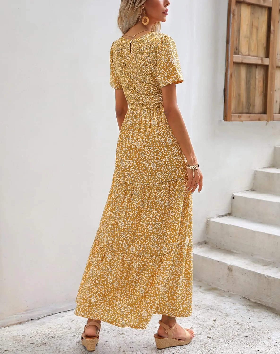Maggeer Womens 2025 Spring Summer Smocked Wedding Guest Maxi Dress Casual Short Sleeve Floral Boho Flowy Long Dress