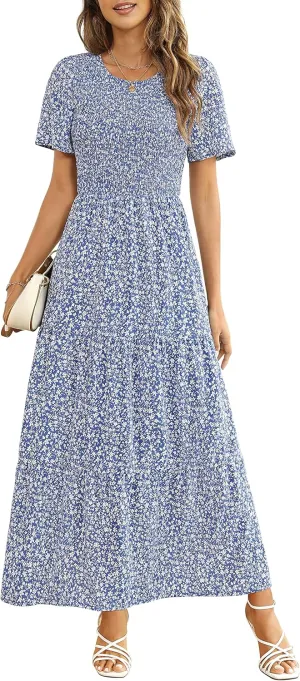 Maggeer Womens 2025 Spring Summer Smocked Wedding Guest Maxi Dress Casual Short Sleeve Floral Boho Flowy Long Dress