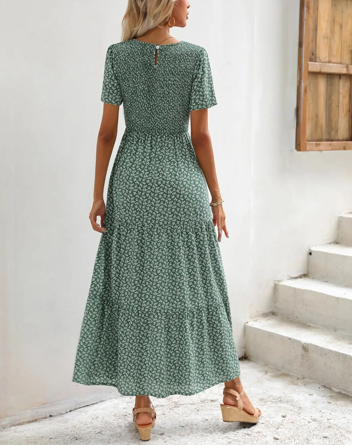 Maggeer Womens 2025 Spring Summer Smocked Wedding Guest Maxi Dress Casual Short Sleeve Floral Boho Flowy Long Dress