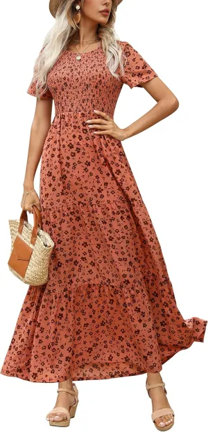 Maggeer Womens 2025 Spring Summer Smocked Wedding Guest Maxi Dress Casual Short Sleeve Floral Boho Flowy Long Dress