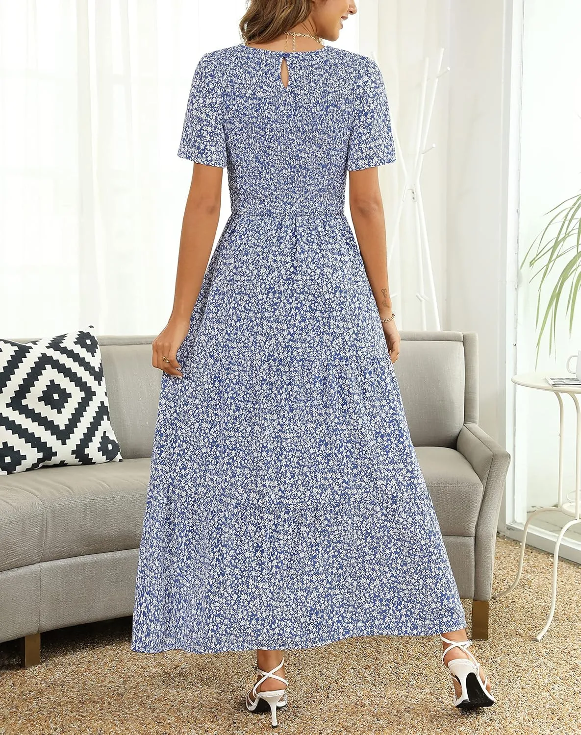 Maggeer Womens 2025 Spring Summer Smocked Wedding Guest Maxi Dress Casual Short Sleeve Floral Boho Flowy Long Dress