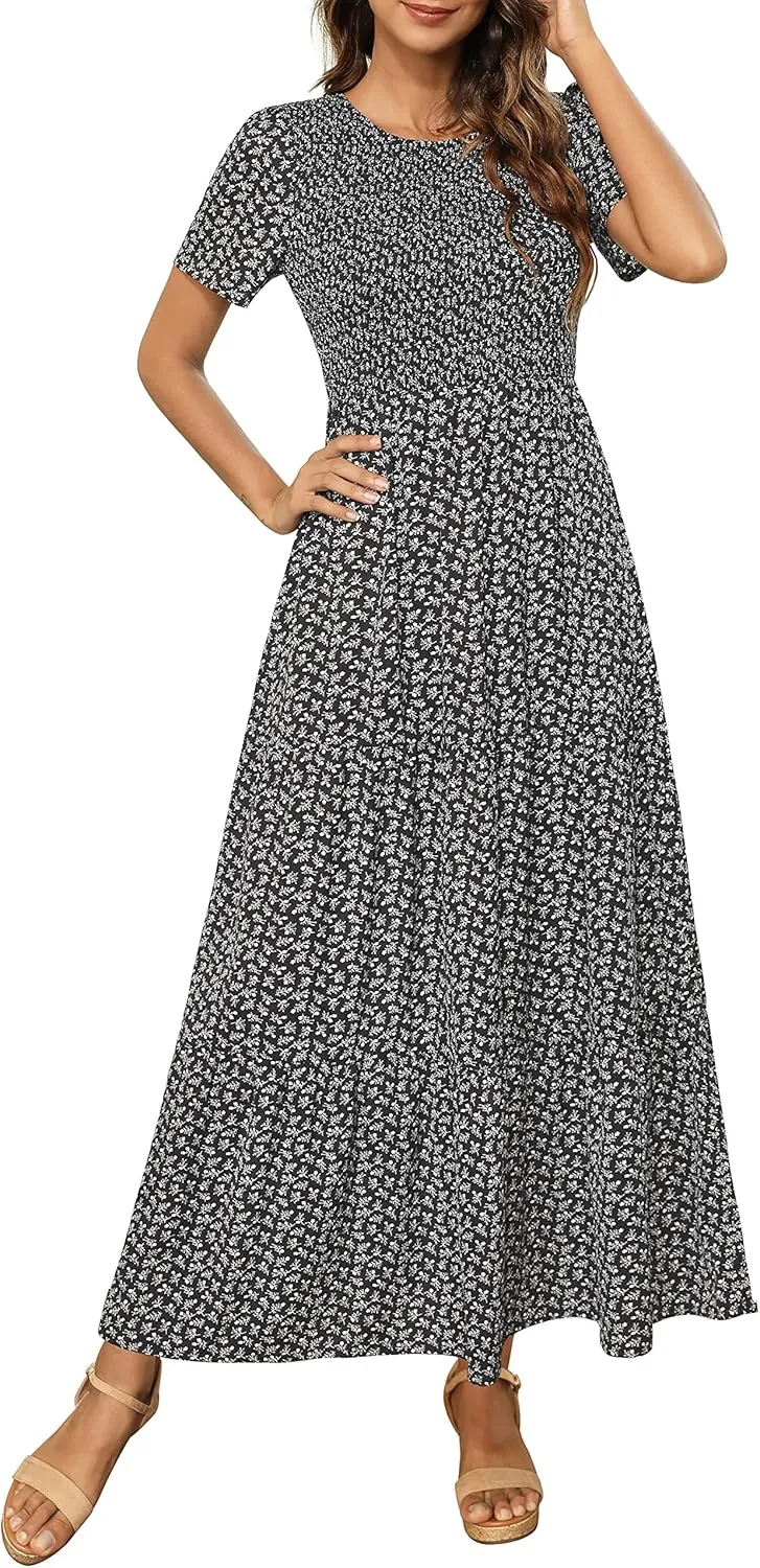 Maggeer Womens 2025 Spring Summer Smocked Wedding Guest Maxi Dress Casual Short Sleeve Floral Boho Flowy Long Dress