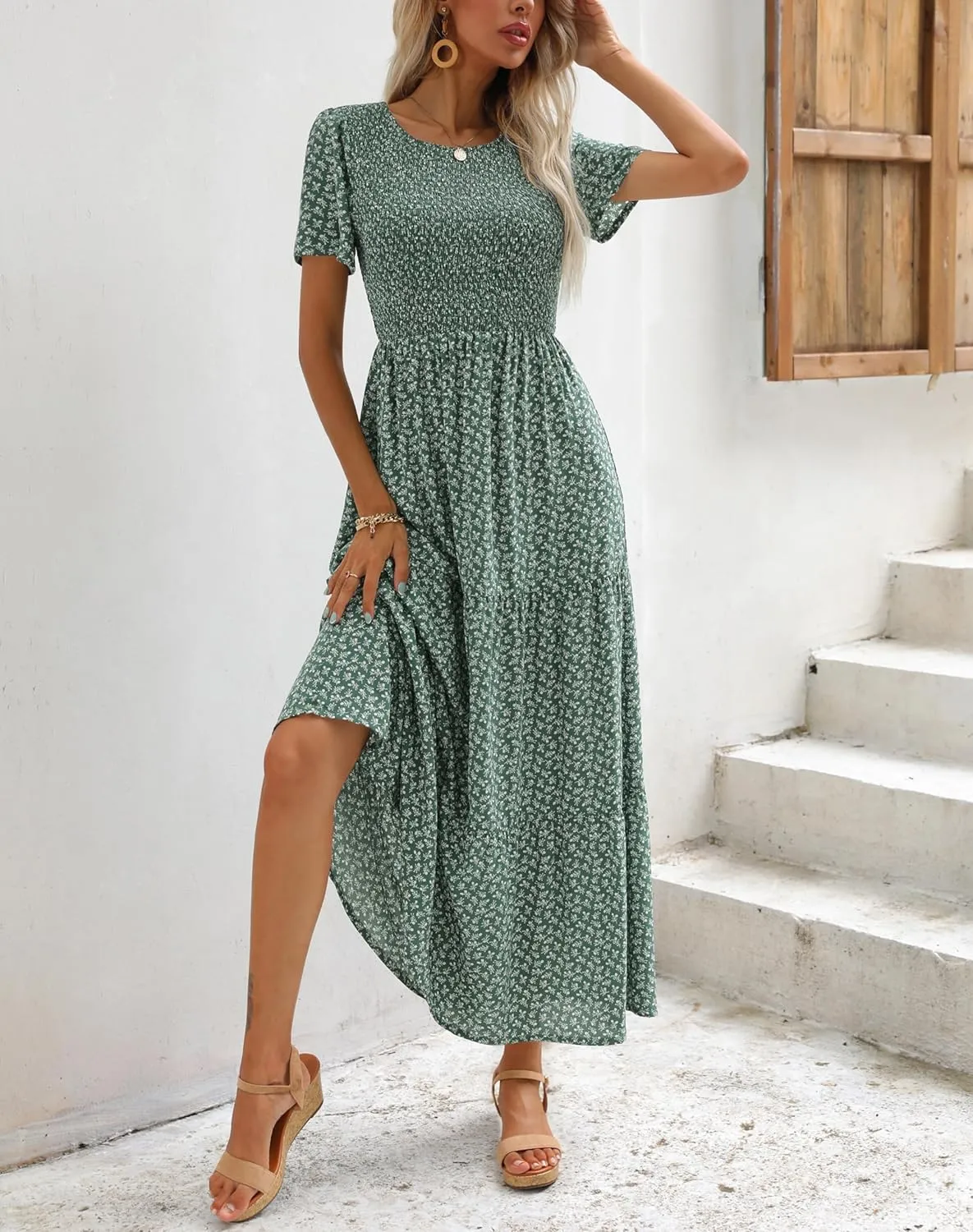 Maggeer Womens 2025 Spring Summer Smocked Wedding Guest Maxi Dress Casual Short Sleeve Floral Boho Flowy Long Dress