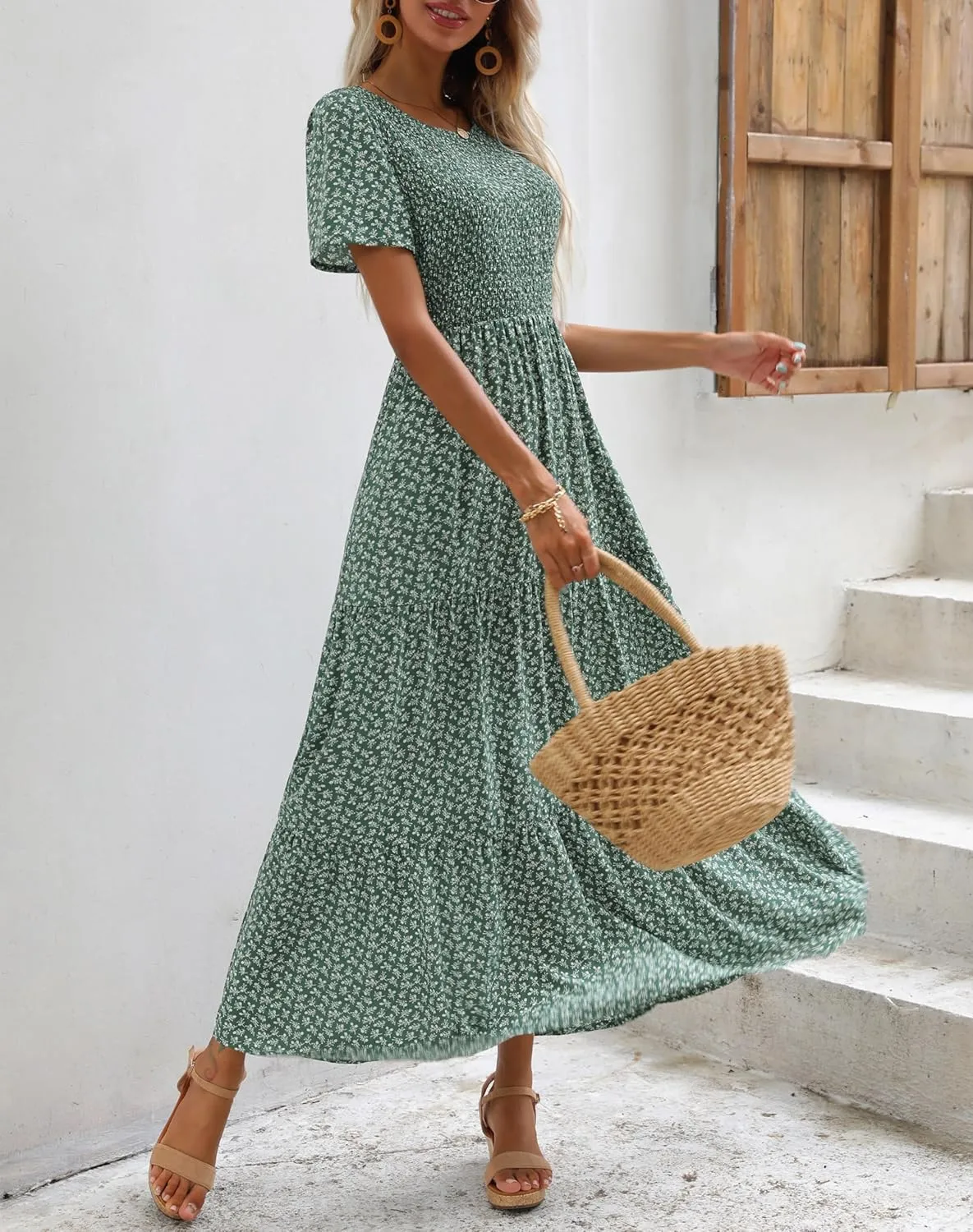 Maggeer Womens 2025 Spring Summer Smocked Wedding Guest Maxi Dress Casual Short Sleeve Floral Boho Flowy Long Dress