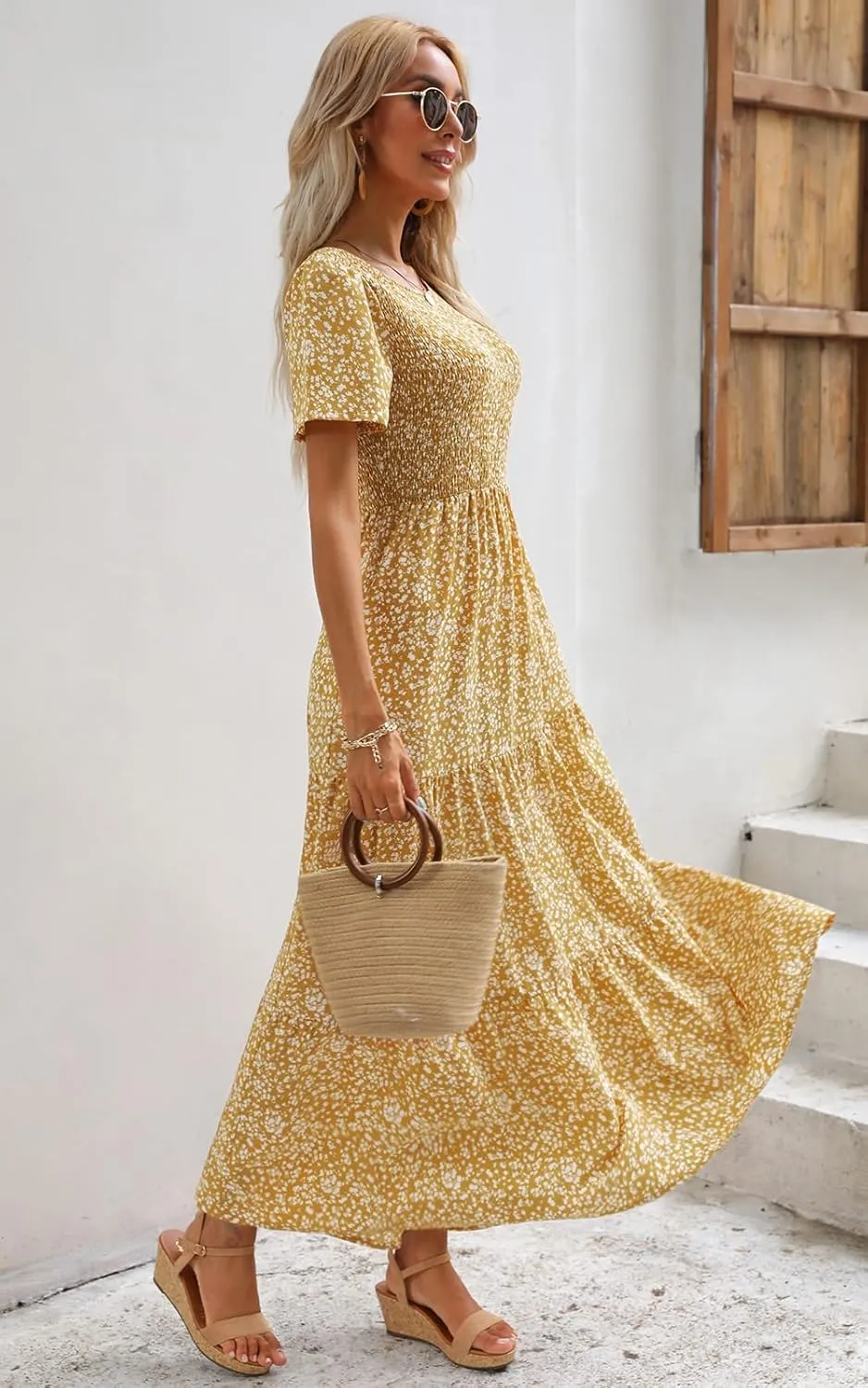 Maggeer Womens 2025 Spring Summer Smocked Wedding Guest Maxi Dress Casual Short Sleeve Floral Boho Flowy Long Dress