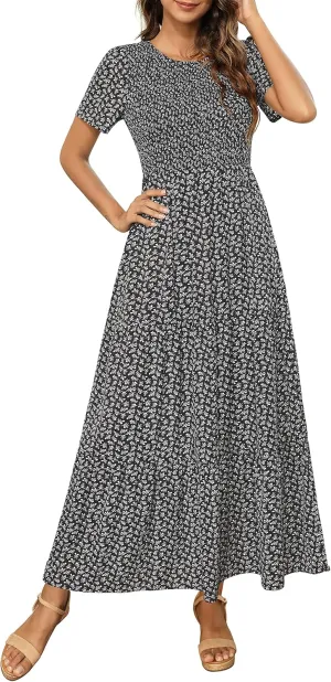 Maggeer Womens 2025 Spring Summer Smocked Wedding Guest Maxi Dress Casual Short Sleeve Floral Boho Flowy Long Dress