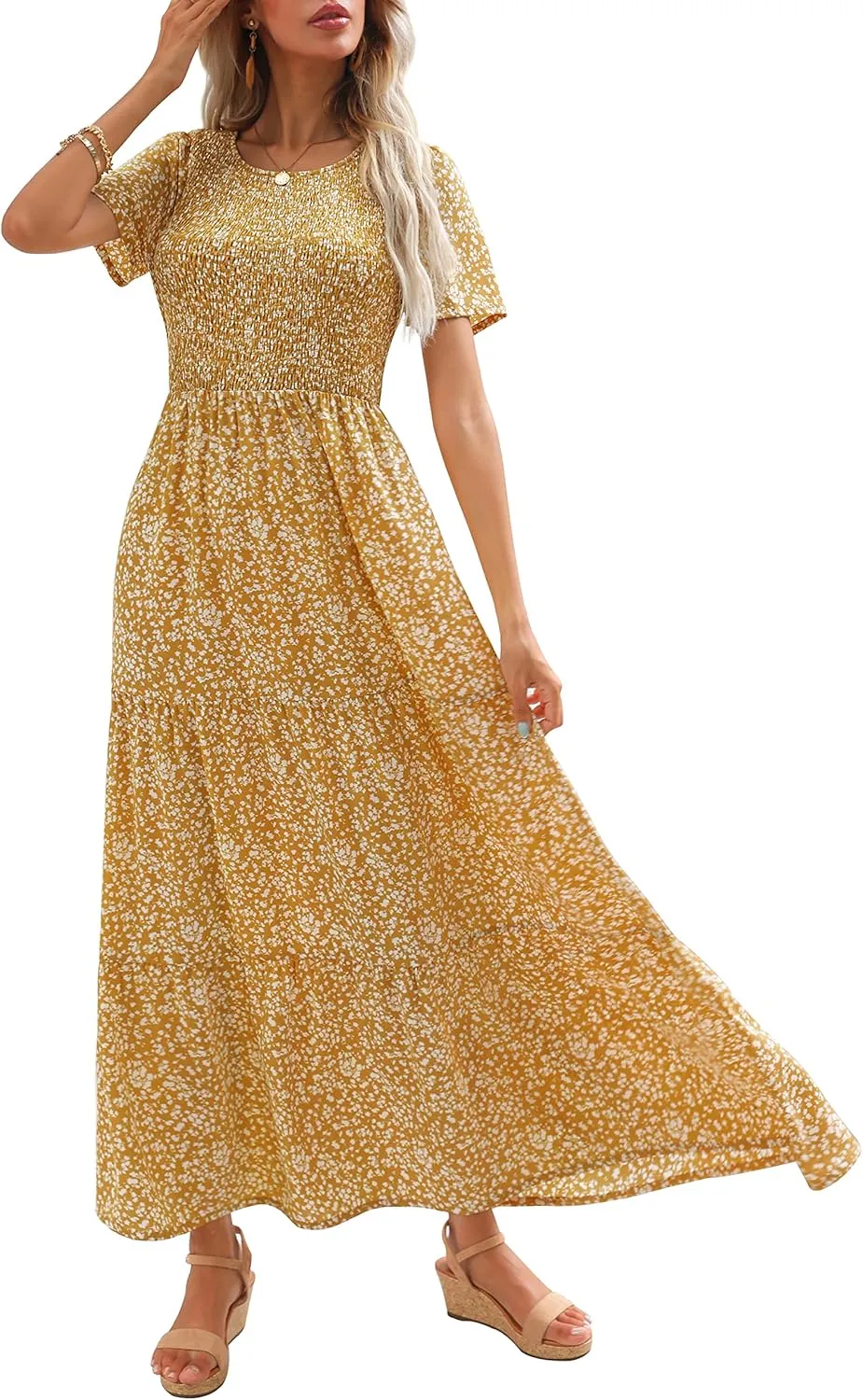 Maggeer Womens 2025 Spring Summer Smocked Wedding Guest Maxi Dress Casual Short Sleeve Floral Boho Flowy Long Dress