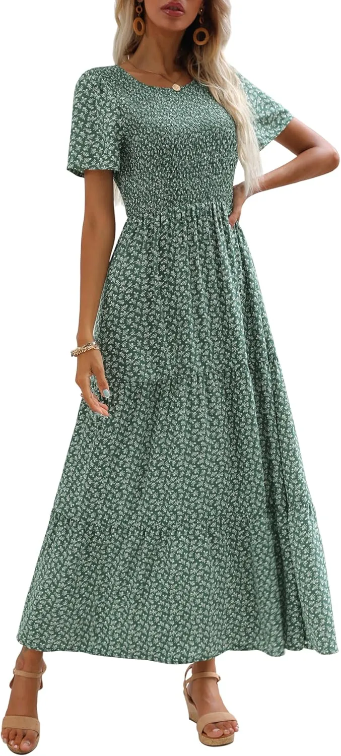 Maggeer Womens 2025 Spring Summer Smocked Wedding Guest Maxi Dress Casual Short Sleeve Floral Boho Flowy Long Dress