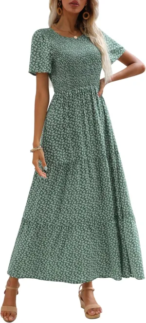 Maggeer Womens 2025 Spring Summer Smocked Wedding Guest Maxi Dress Casual Short Sleeve Floral Boho Flowy Long Dress