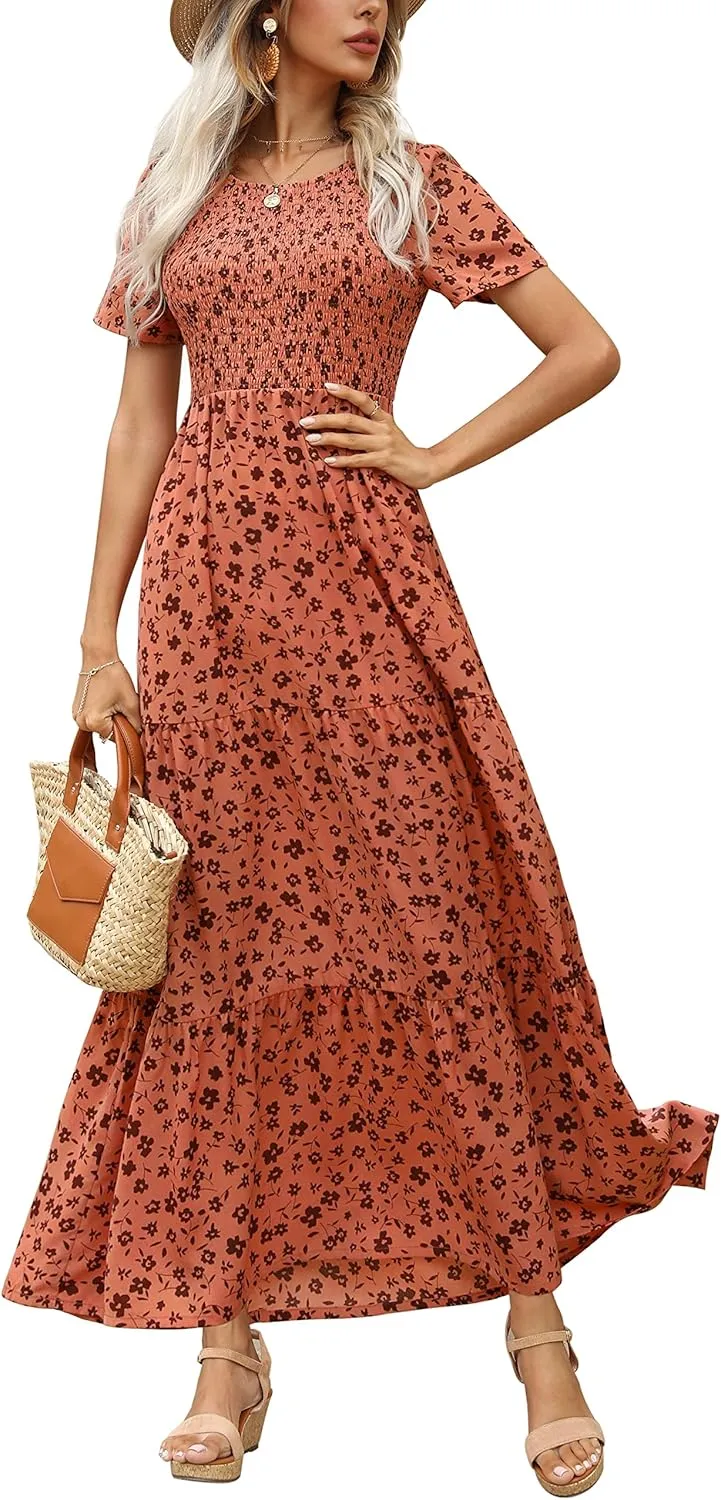 Maggeer Womens 2025 Spring Summer Smocked Wedding Guest Maxi Dress Casual Short Sleeve Floral Boho Flowy Long Dress