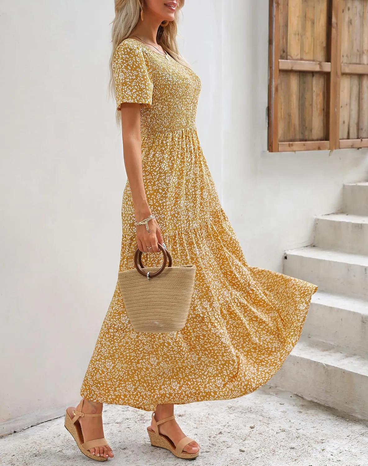 Maggeer Womens 2025 Spring Summer Smocked Wedding Guest Maxi Dress Casual Short Sleeve Floral Boho Flowy Long Dress