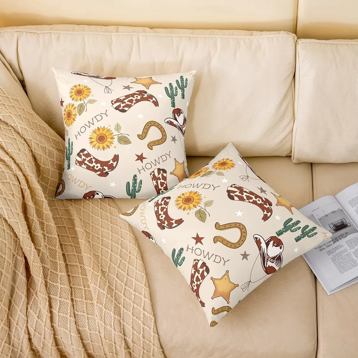 Manfei Cowboy Pillow Covers Pack of 4,Western Boots Hats Texas Star Horseshoe Tribal Throw Cushion Covers Double Sides,Rustic Cowhide Desert Cactus Sunflower Beige Square Pillow Covers,20"x 20"