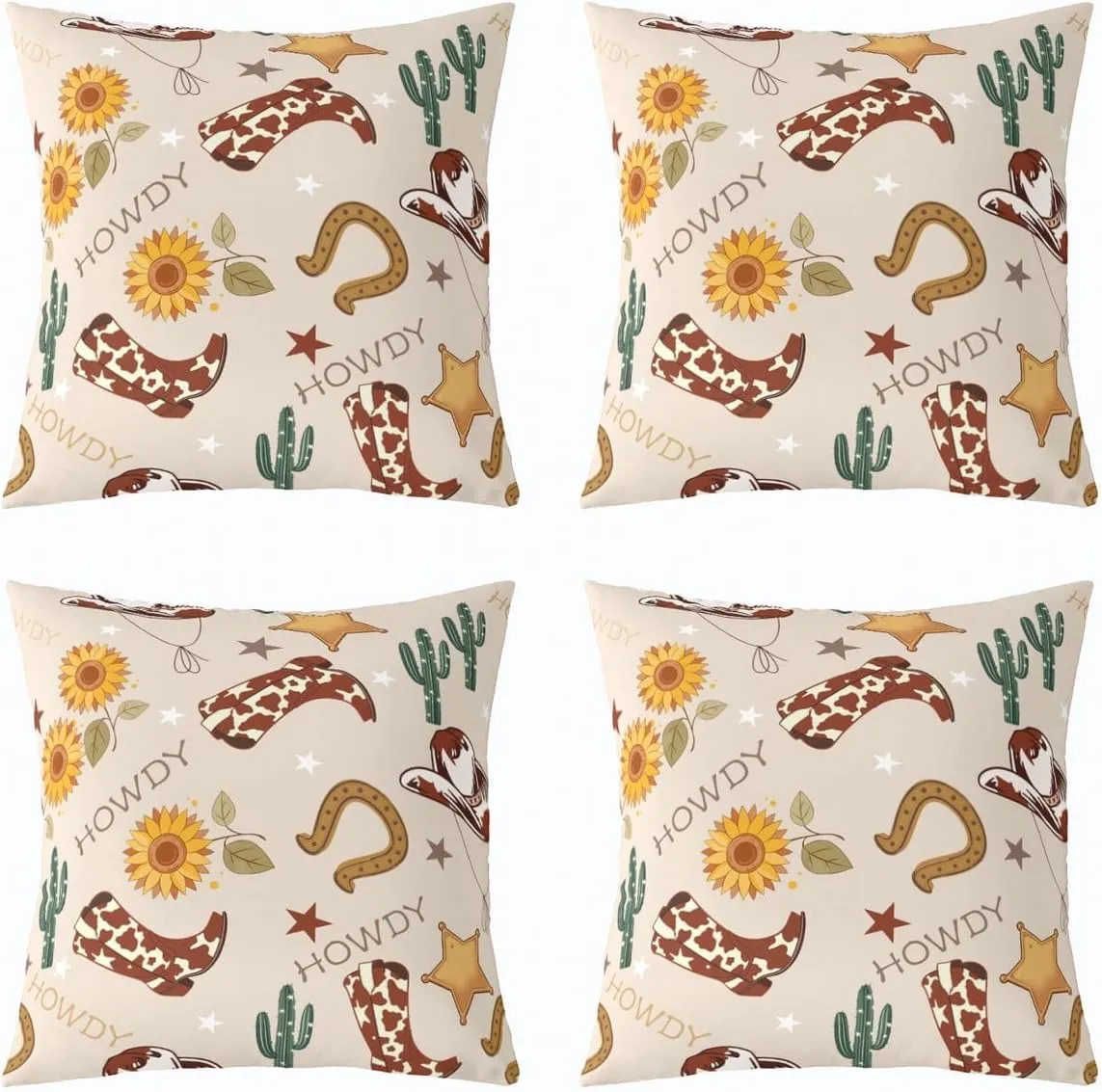 Manfei Cowboy Pillow Covers Pack of 4,Western Boots Hats Texas Star Horseshoe Tribal Throw Cushion Covers Double Sides,Rustic Cowhide Desert Cactus Sunflower Beige Square Pillow Covers,20"x 20"