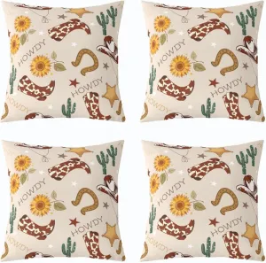 Manfei Cowboy Pillow Covers Pack of 4,Western Boots Hats Texas Star Horseshoe Tribal Throw Cushion Covers Double Sides,Rustic Cowhide Desert Cactus Sunflower Beige Square Pillow Covers,20"x 20"