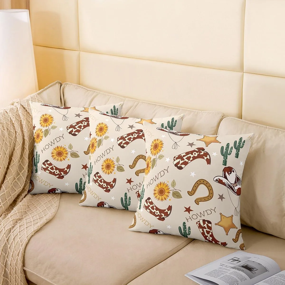 Manfei Cowboy Throw Pillow Covers 2 Pack,Western Boots Hats Texas Star Horseshoe Tribal Double Sides Print Cushion Covers for Sofa,Rustic Cowhide Desert Cactus Sunflower Beige Pillow Covers,22"x 22"