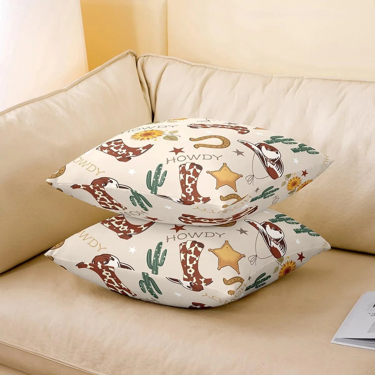 Manfei Cowboy Throw Pillow Covers 2 Pack,Western Boots Hats Texas Star Horseshoe Tribal Double Sides Print Cushion Covers for Sofa,Rustic Cowhide Desert Cactus Sunflower Beige Pillow Covers,22"x 22"