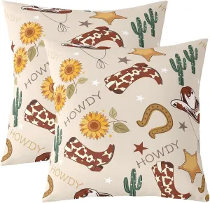Manfei Cowboy Throw Pillow Covers 2 Pack,Western Boots Hats Texas Star Horseshoe Tribal Double Sides Print Cushion Covers for Sofa,Rustic Cowhide Desert Cactus Sunflower Beige Pillow Covers,22"x 22"