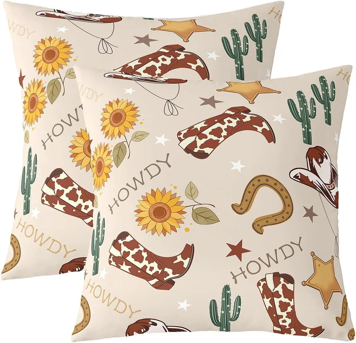 Manfei Cowboy Throw Pillow Covers 2 Pack,Western Boots Hats Texas Star Horseshoe Tribal Double Sides Print Cushion Covers for Sofa,Rustic Cowhide Desert Cactus Sunflower Beige Pillow Covers,22"x 22"