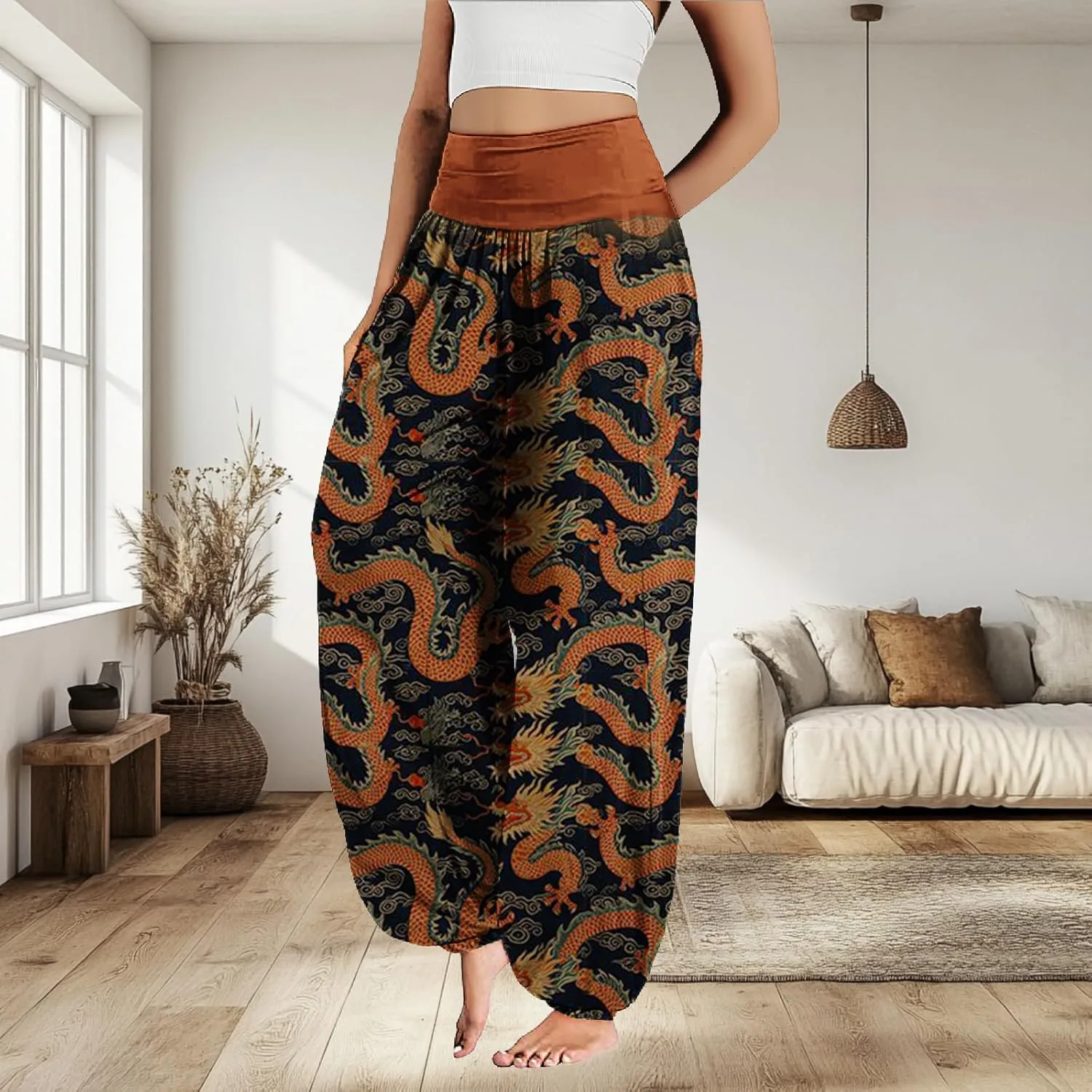 MARSVOVO Harem Pants Women Novelty Print Art Style Wide Leg Plus Size High Weist Flowy Japanese Pants