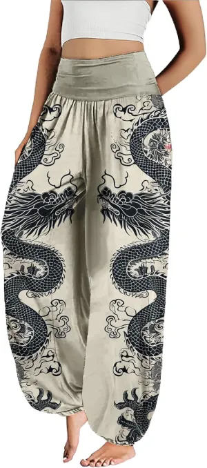 MARSVOVO Harem Pants Women Novelty Print Art Style Wide Leg Plus Size High Weist Flowy Japanese Pants