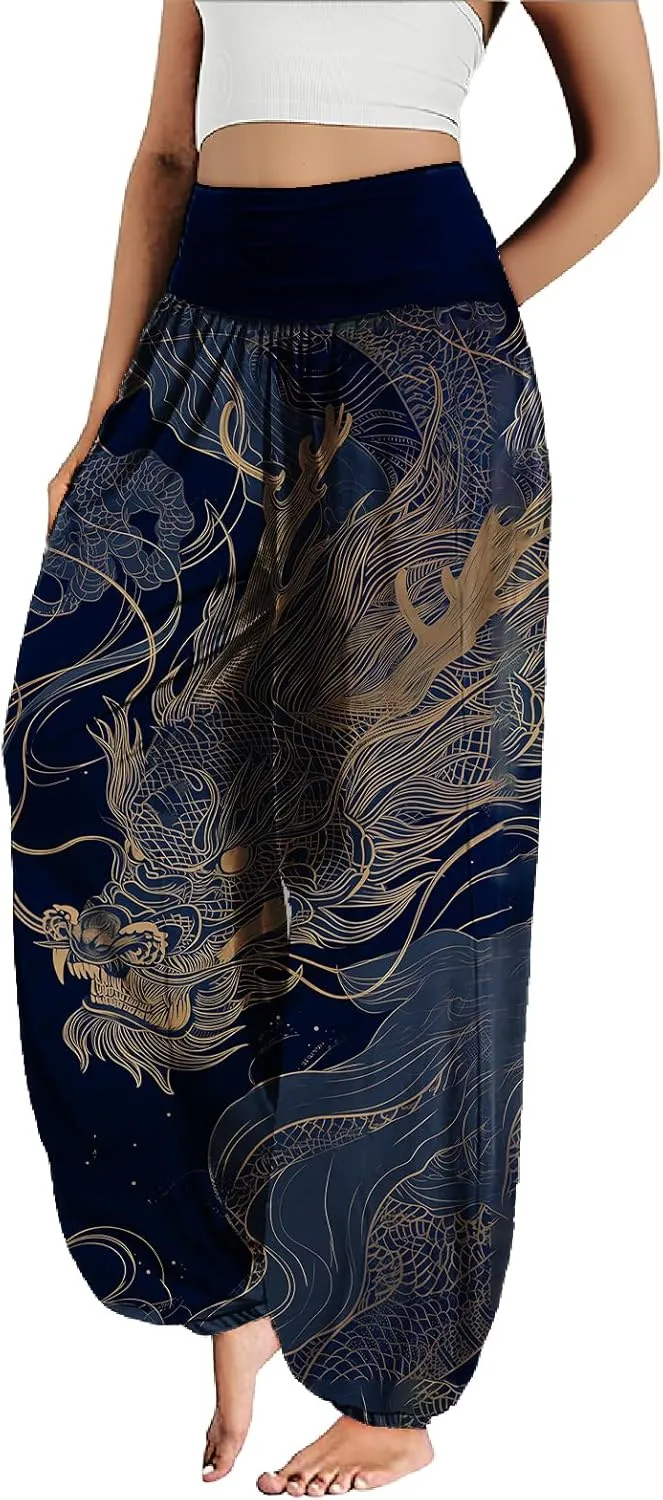 MARSVOVO Harem Pants Women Novelty Print Art Style Wide Leg Plus Size High Weist Flowy Japanese Pants