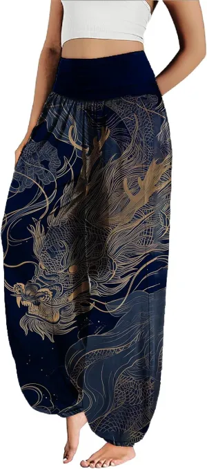 MARSVOVO Harem Pants Women Novelty Print Art Style Wide Leg Plus Size High Weist Flowy Japanese Pants