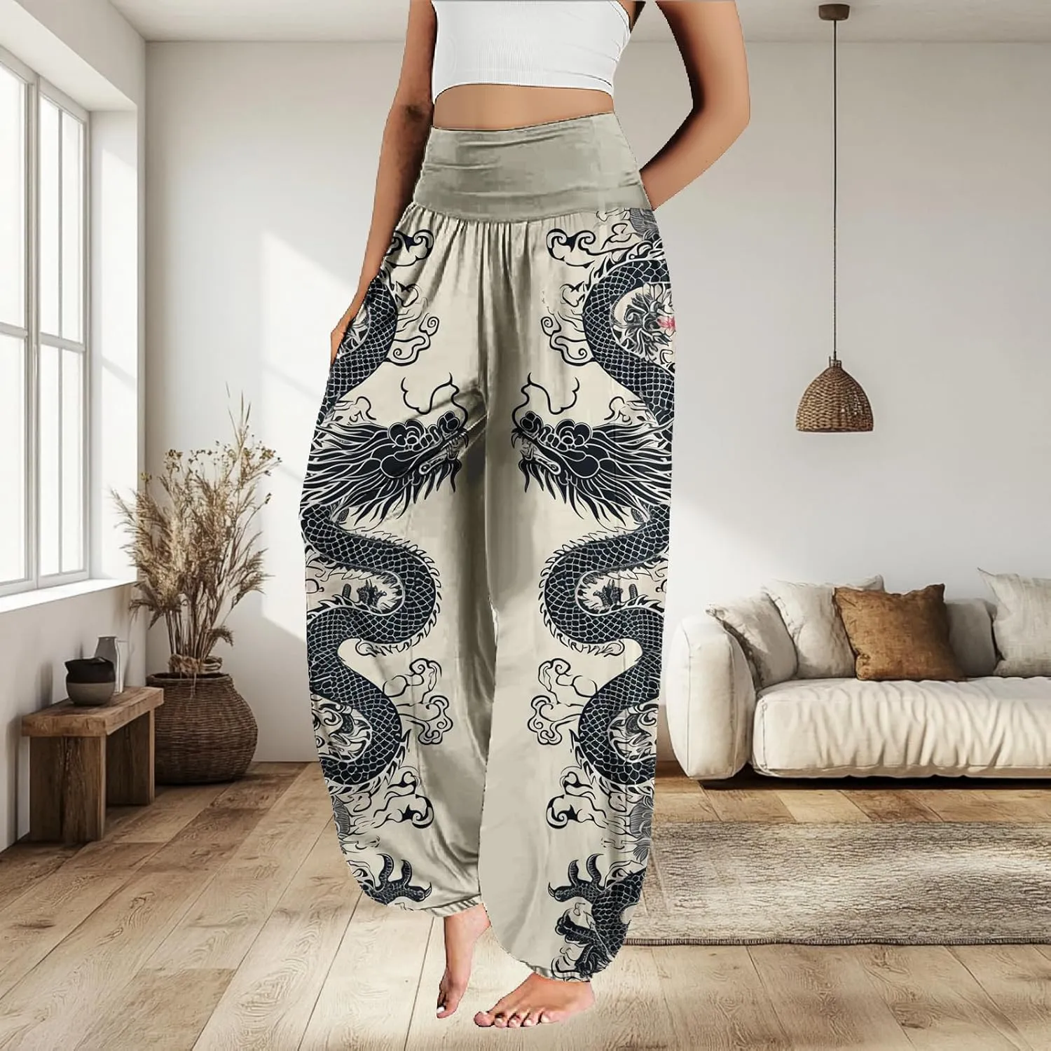MARSVOVO Harem Pants Women Novelty Print Art Style Wide Leg Plus Size High Weist Flowy Japanese Pants