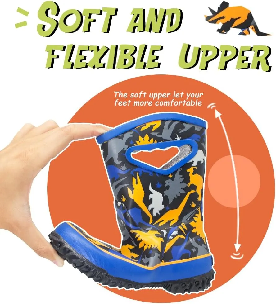 MCIKCC Toddler Boys Rain Boots - Cartoon Waterproof Rubber Boots with Non-Slip Soles | Easy Pull-On Design for Kids breathable toddler rain footwear