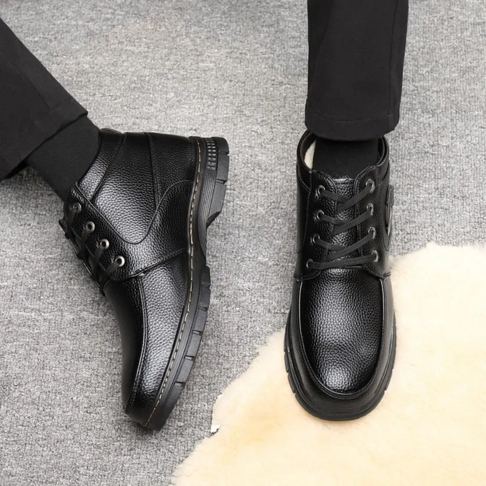 Men's Casual Dress Boots, Warm Thick Sole Lace-up Snow Boots for Men, PU Lining & Sheepskin Suede, Winter Boots for Business & Daily Wear, Trendy Mid-calf Boots for Men