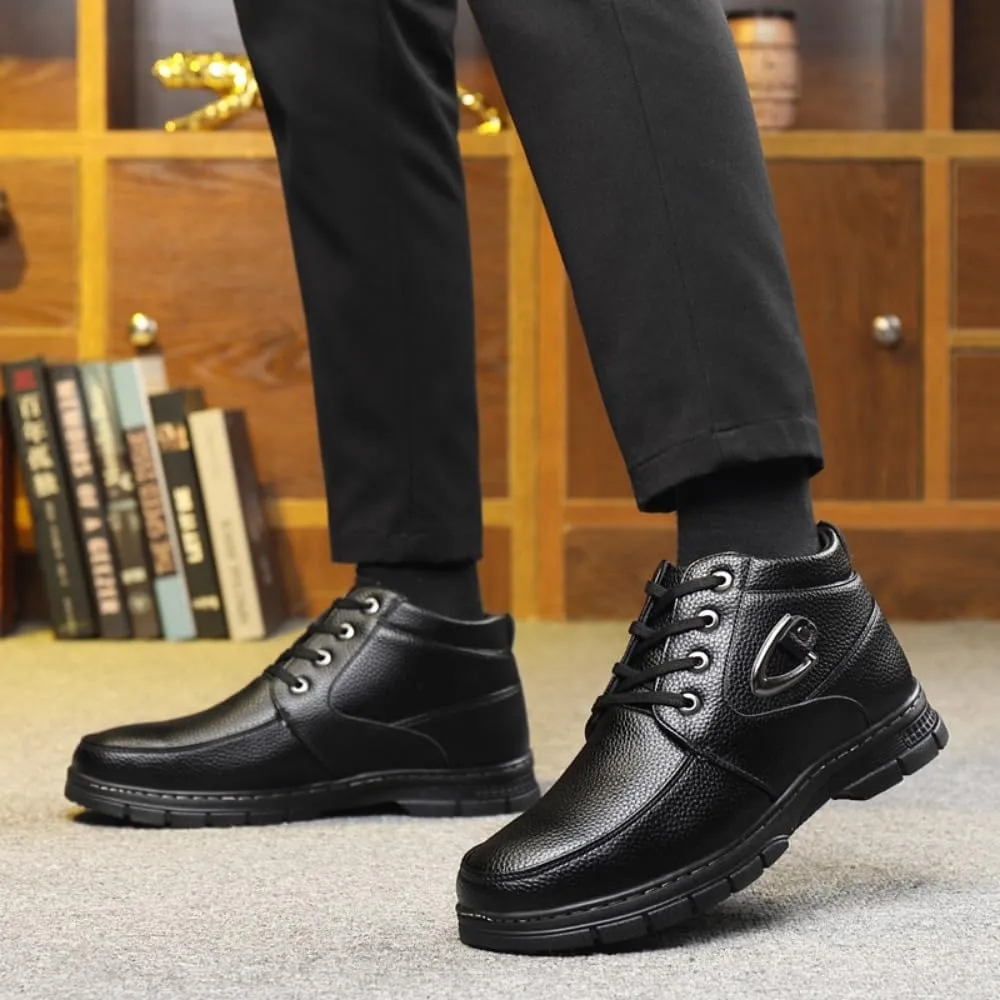 Men's Casual Dress Boots, Warm Thick Sole Lace-up Snow Boots for Men, PU Lining & Sheepskin Suede, Winter Boots for Business & Daily Wear, Trendy Mid-calf Boots for Men