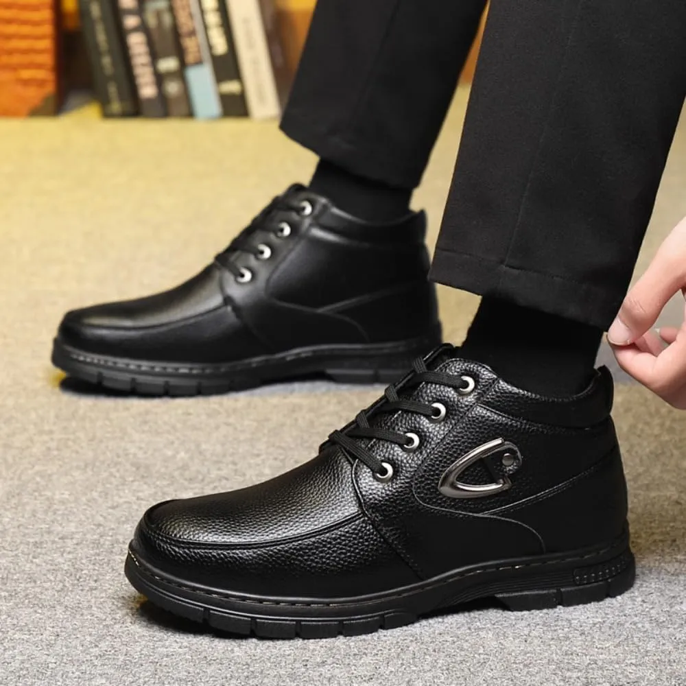Men's Casual Dress Boots, Warm Thick Sole Lace-up Snow Boots for Men, PU Lining & Sheepskin Suede, Winter Boots for Business & Daily Wear, Trendy Mid-calf Boots for Men