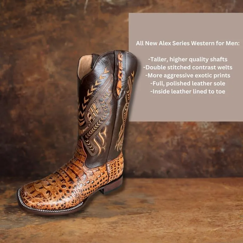 Men's Exotic Pattern Western Cowboy Slip-On Square Toe Boots in Leather-Alex Series Snake, Caiman & Ostrich Styling bota de vaquero para hombre