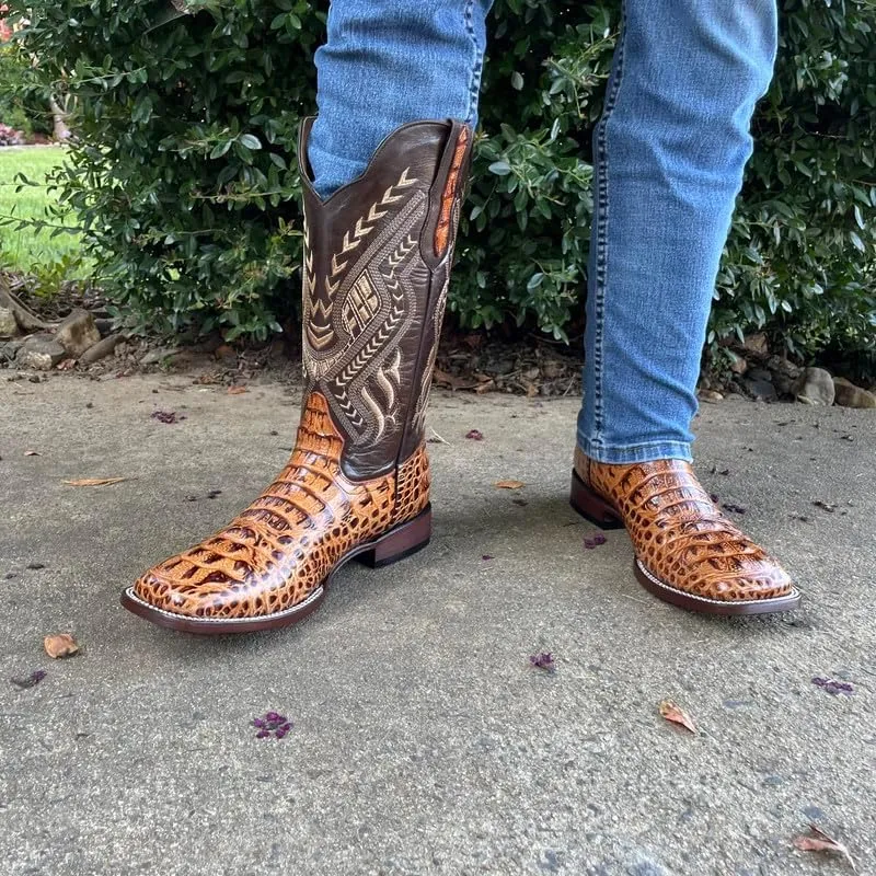Men's Exotic Pattern Western Cowboy Slip-On Square Toe Boots in Leather-Alex Series Snake, Caiman & Ostrich Styling bota de vaquero para hombre