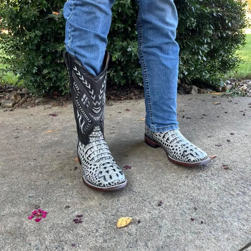 Men's Exotic Pattern Western Cowboy Slip-On Square Toe Boots in Leather-Alex Series Snake, Caiman & Ostrich Styling bota de vaquero para hombre