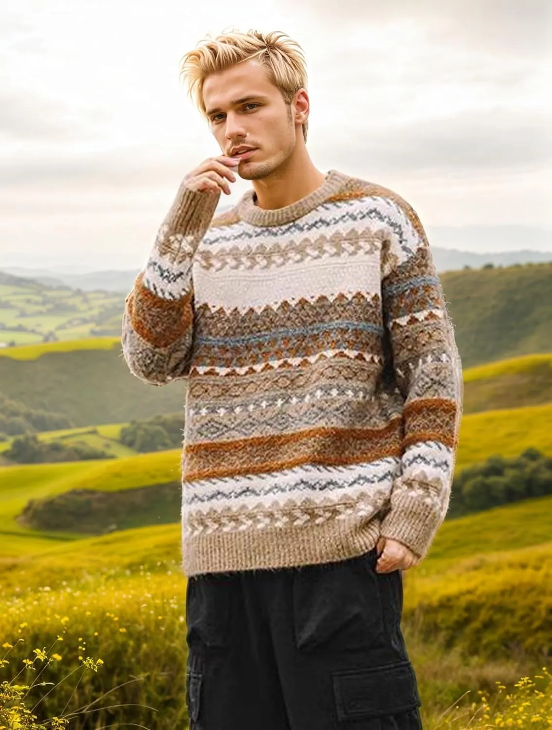Mens Grandpa Sweater Vintage Aesthetic Knit Striped Casual Long Sleeve Pullovers Y2k Grunge Streetwear