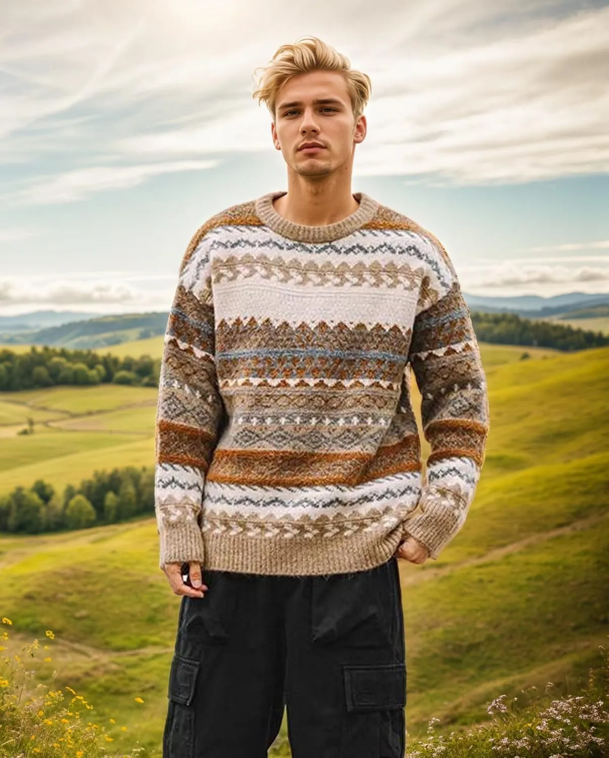 Mens Grandpa Sweater Vintage Aesthetic Knit Striped Casual Long Sleeve Pullovers Y2k Grunge Streetwear